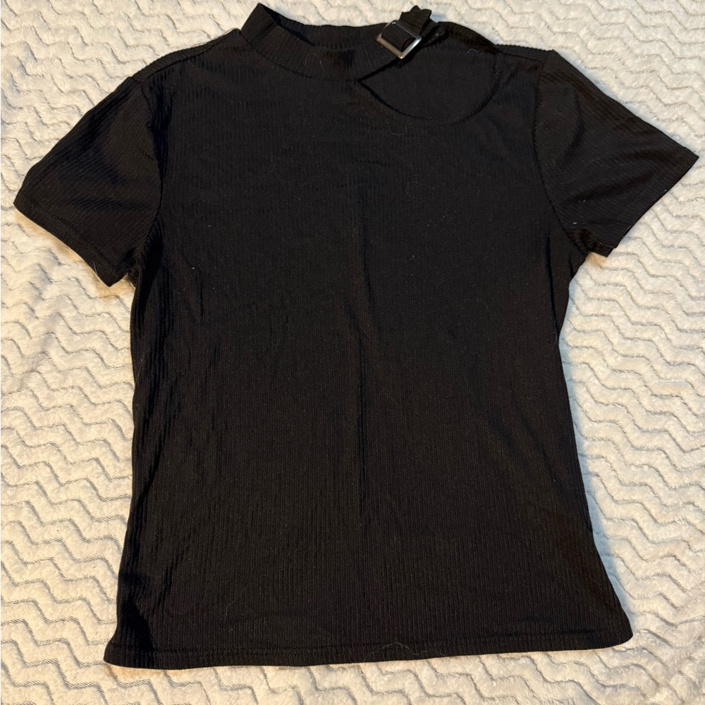 No Boundaries Black Short Sleeve Top with Buckle Accent
